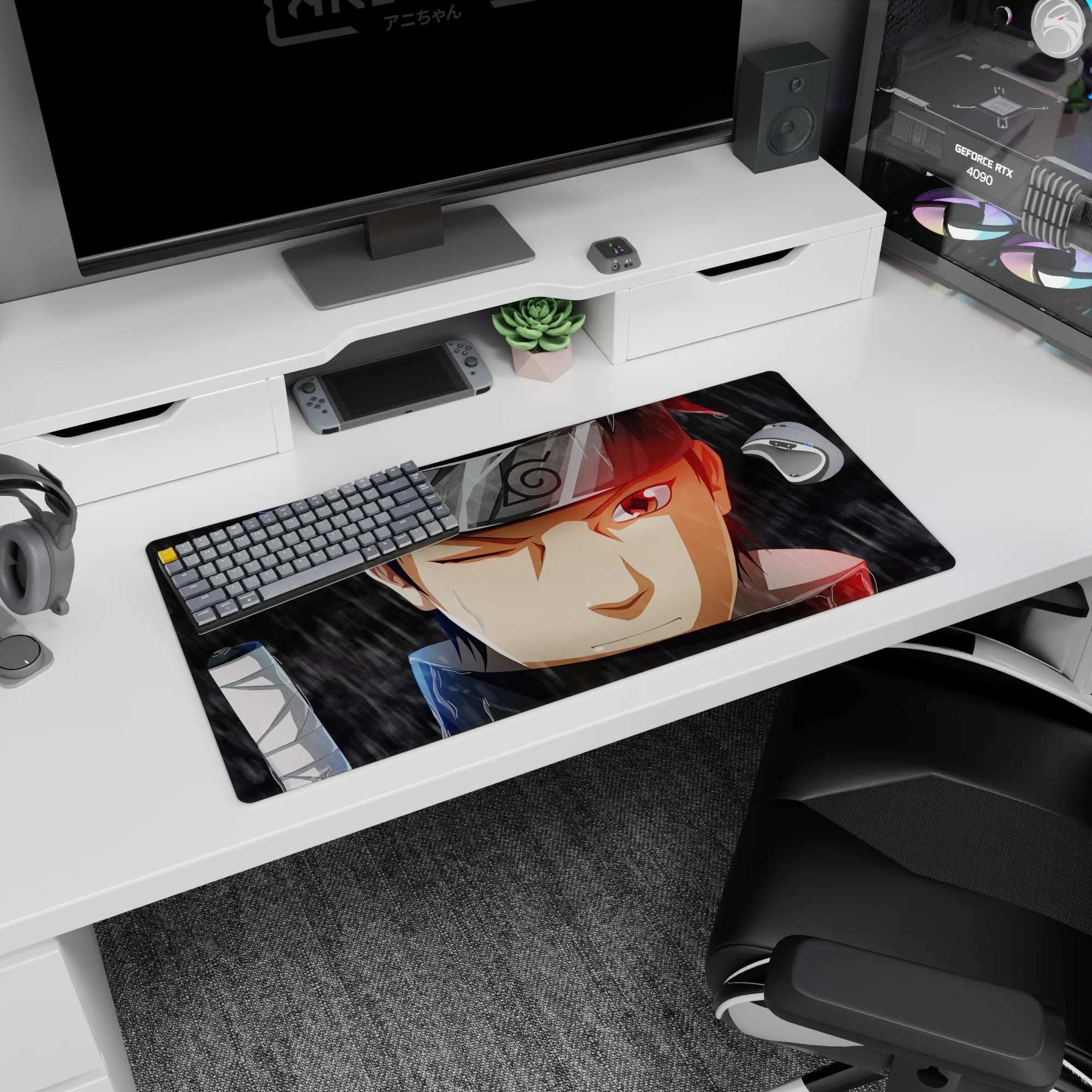 32x16 inches Naruto mouse pad showing Shisui half-smirk, one eye shut, Sharingan glowing in the rain.