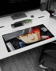 32x16 inches Naruto mouse pad showing Shisui half-smirk, one eye shut, Sharingan glowing in the rain.