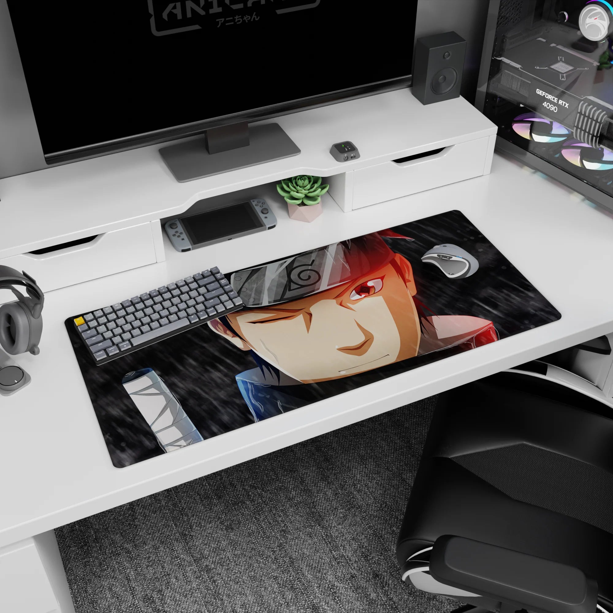 Shisui Uchiha Sharingan half-smirk scene on anime desk pad 36x16 inches, one eye shut in rain.