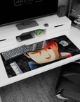 Shisui Uchiha Sharingan half-smirk scene on anime desk pad 36x16 inches, one eye shut in rain.