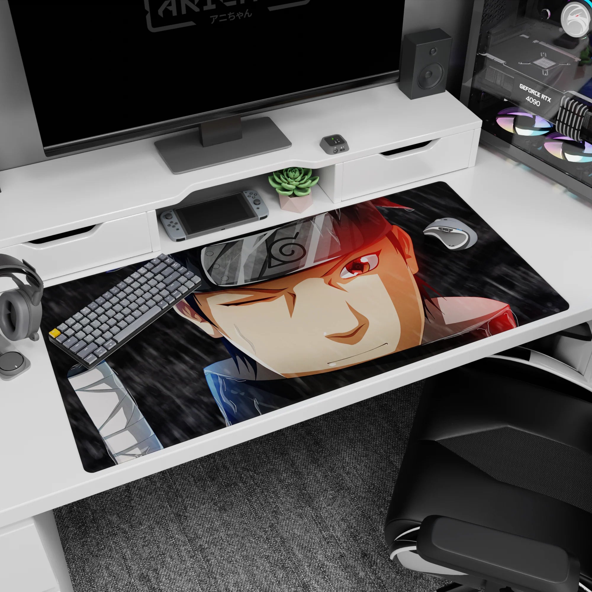 40x20 inches Naruto desk pad showing Shisui half-smirk, one eye shut, Sharingan glowing in rain.