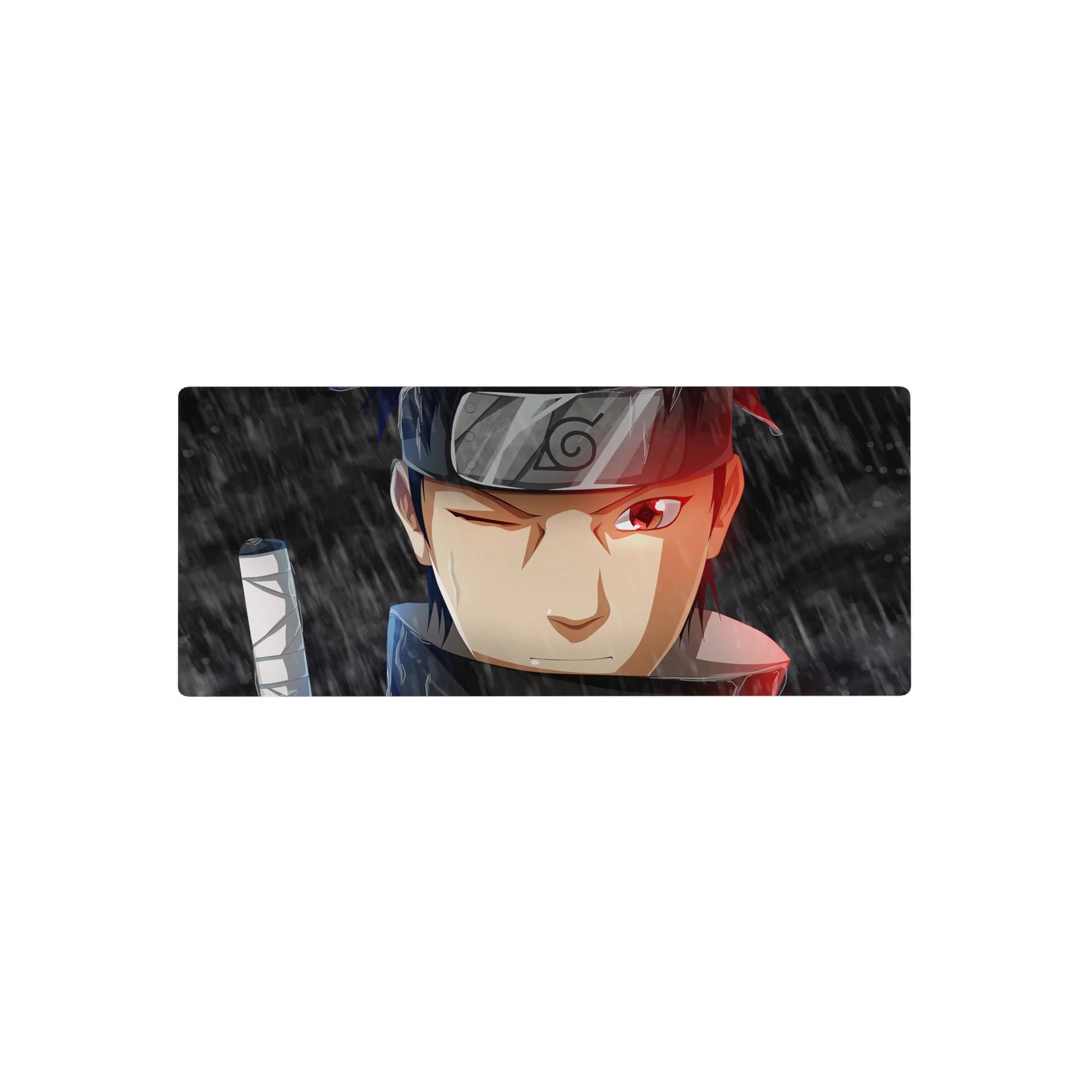 28x12 inches anime mouse pad with Shisui Uchiha, Leaf headband lines, and sword wrap detail.