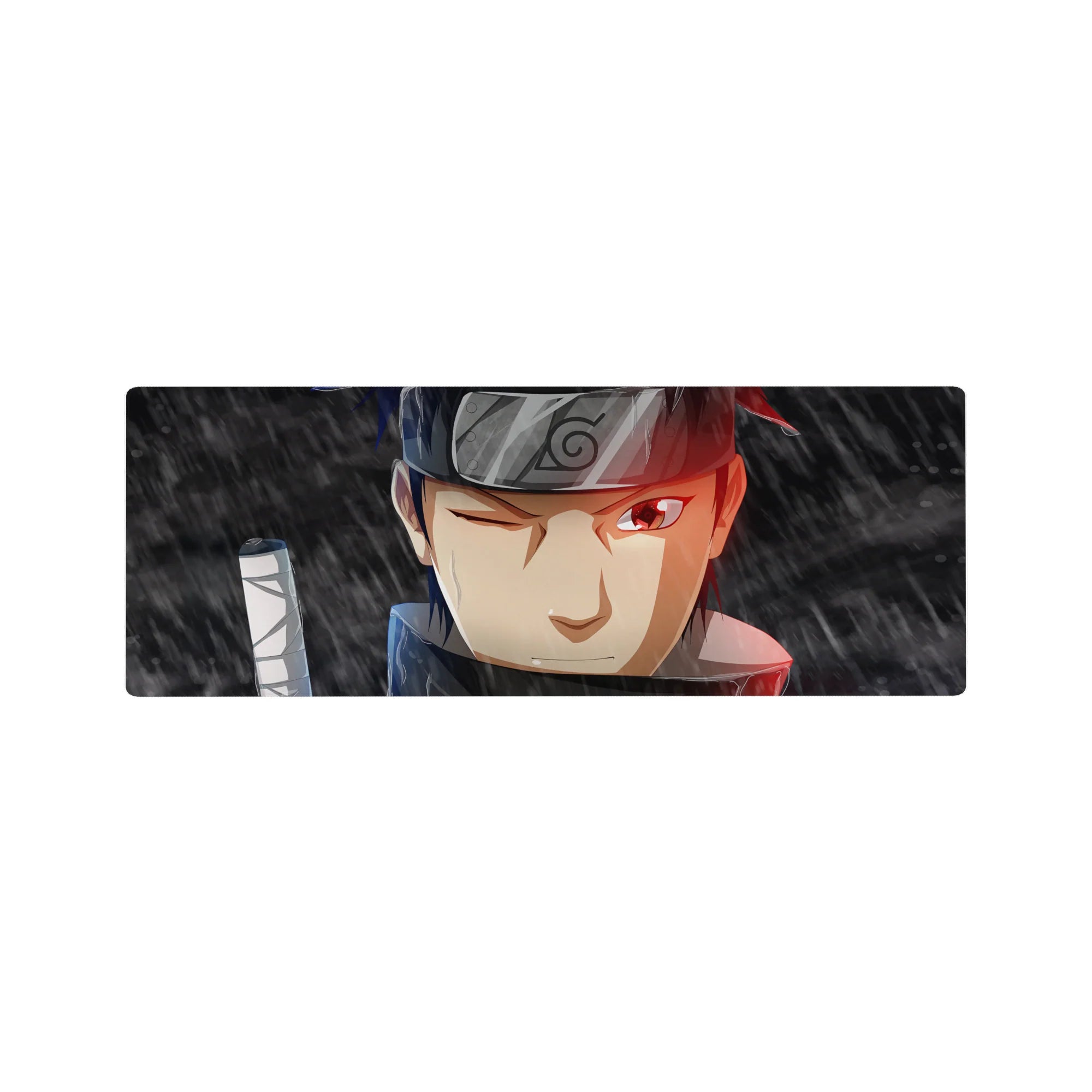 32x12 inches anime mouse pad with Shisui Uchiha, Leaf headband lines, Sharingan glow, sword wrap detail.