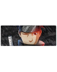 32x12 inches anime mouse pad with Shisui Uchiha, Leaf headband lines, Sharingan glow, sword wrap detail.