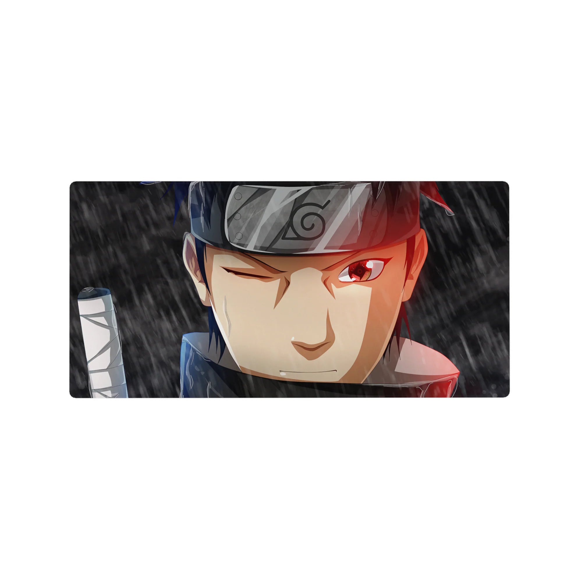 32x16 inches anime mouse pad featuring Shisui Uchiha portrait, Leaf headband detail and sword wrap.