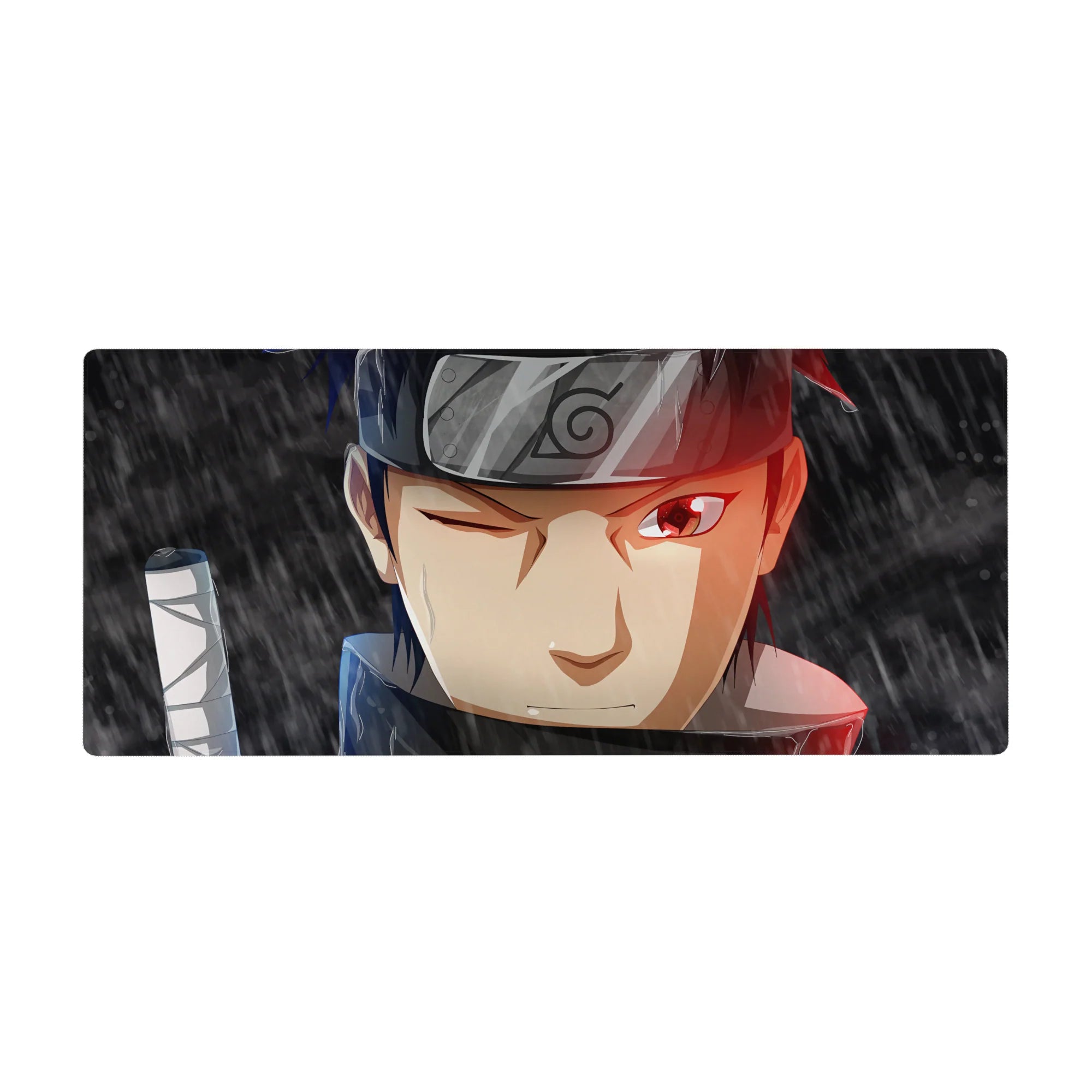 Cinematic anime desk pad 36x16 inches with clean Leaf headband lines and sword-wrap detail.