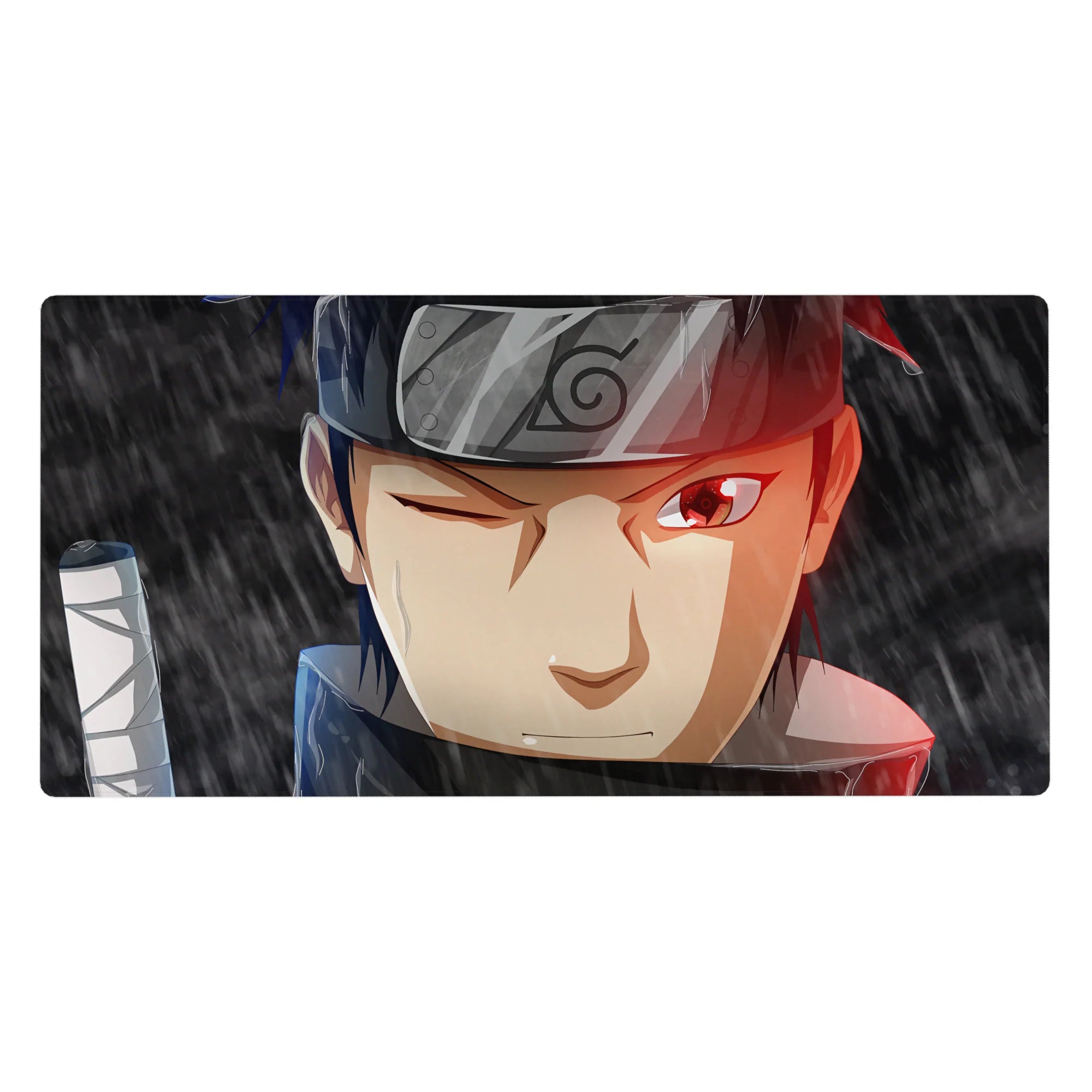 40x20 inches anime desk pad with Shisui Uchiha, Leaf headband lines, and sword wrap detail.