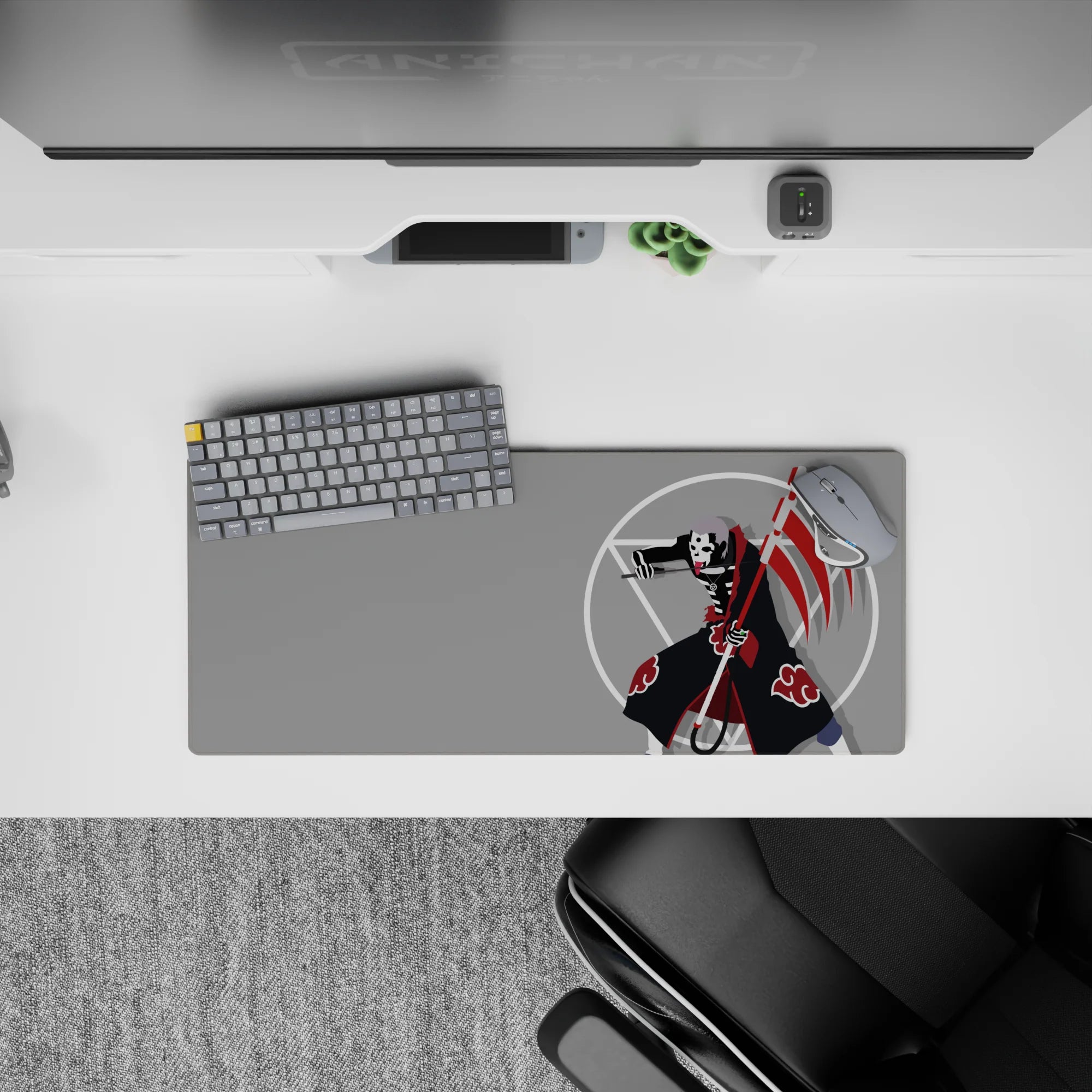 28x12 inches anime mouse pad in flat gray and black with punchy red clouds and scythe stripes, edgy vibe.