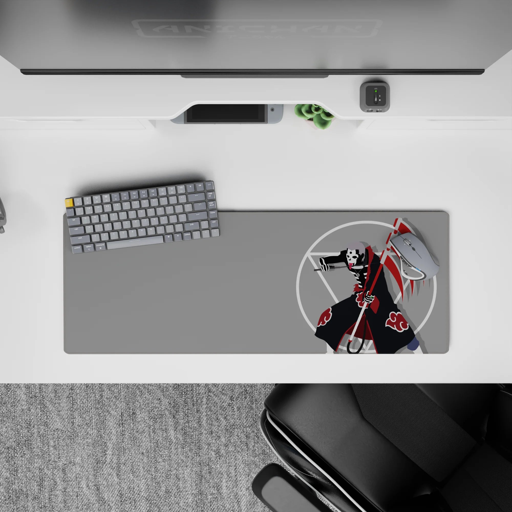 32x12 inches anime mouse pad in flat gray with crisp white circles and striking Akatsuki red accents.