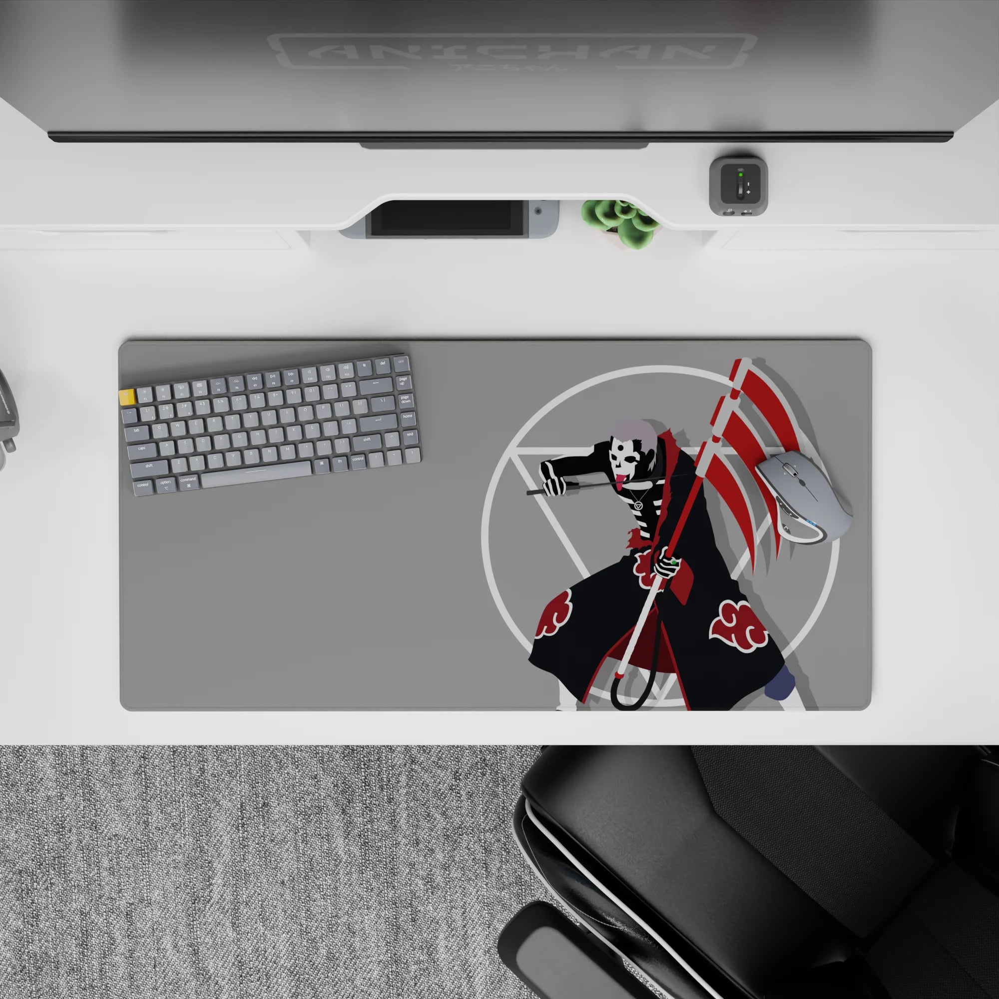 32x16 inches anime mouse pad in flat gray with bold reds, crisp white shapes, and dark cloak attitude.