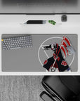 32x16 inches anime mouse pad in flat gray with bold reds, crisp white shapes, and dark cloak attitude.