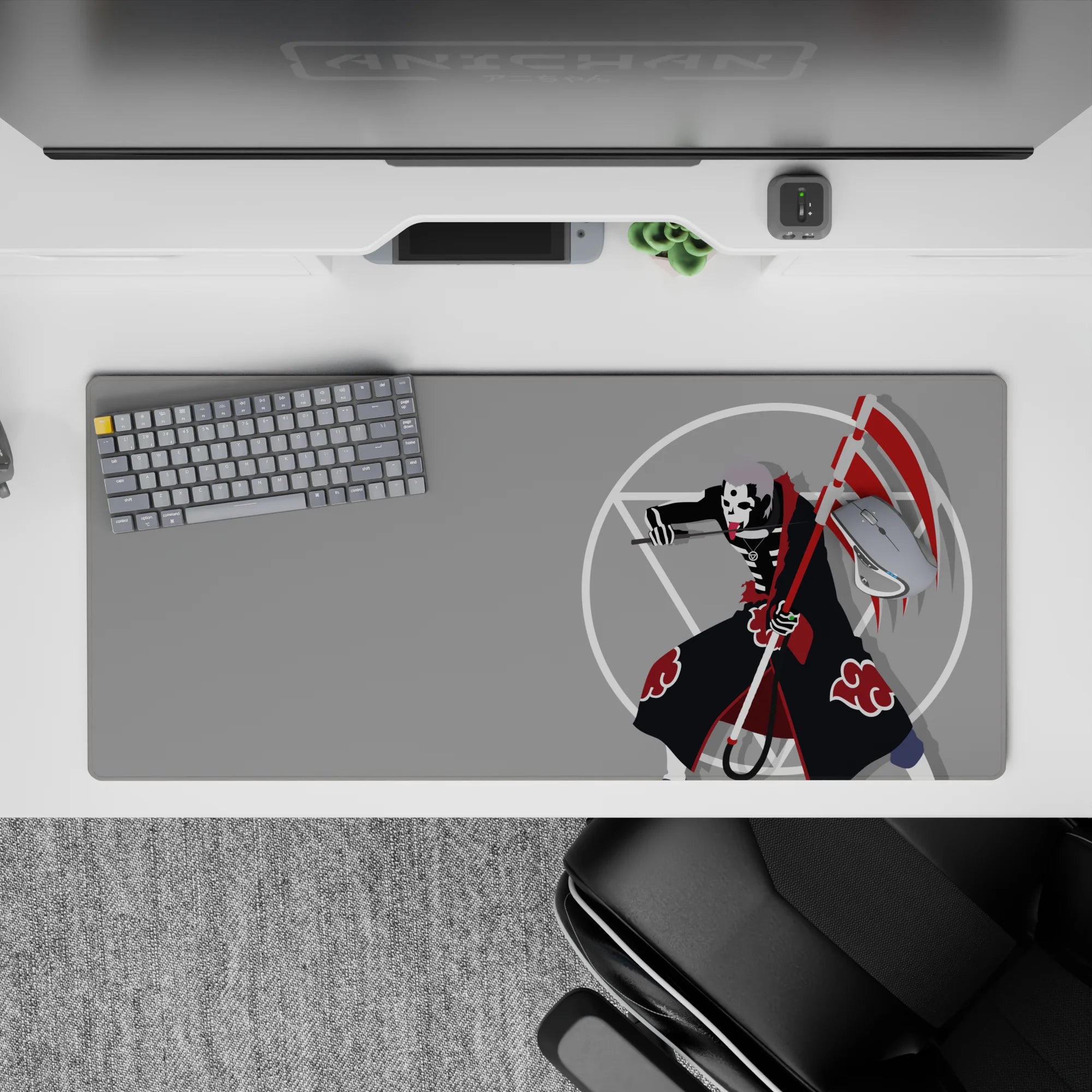 36x16 inches anime mouse pad in moody gray, bold red stripes and clouds, crisp white geometry, dark cloak.