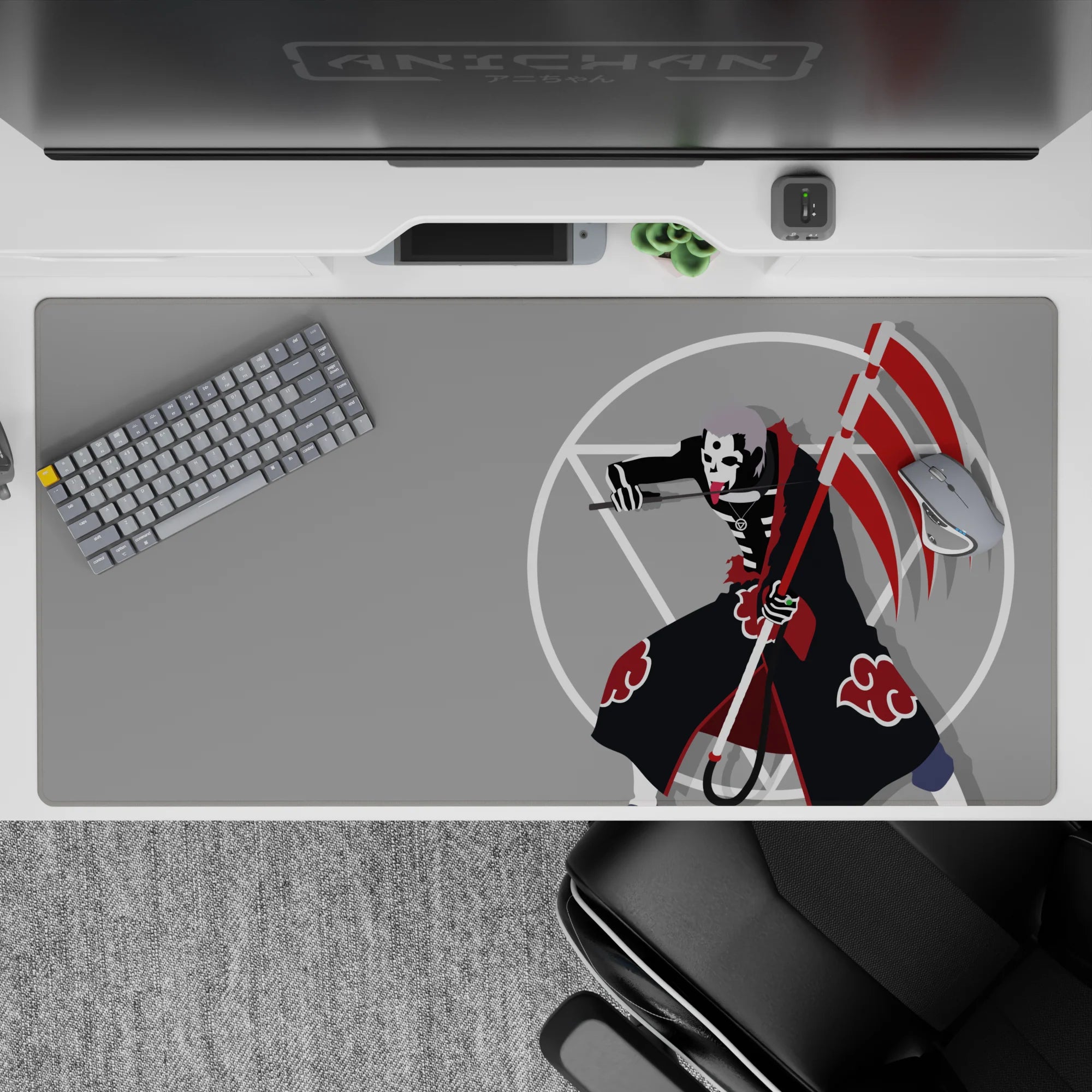 40x20 inches anime mouse pad in flat gray with bold red accents, crisp white circles, dark dramatic vibe.