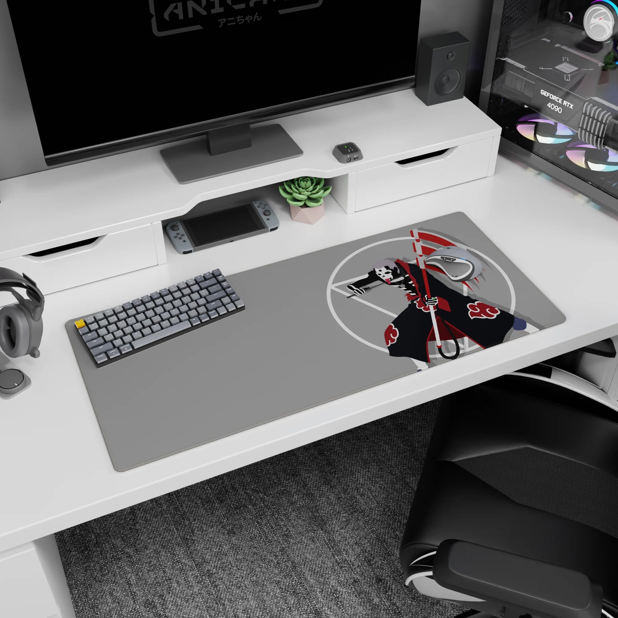 36x16 inches Naruto Shippuden desk pad featuring Hidan in Akatsuki cloak, swinging scythe across the frame.