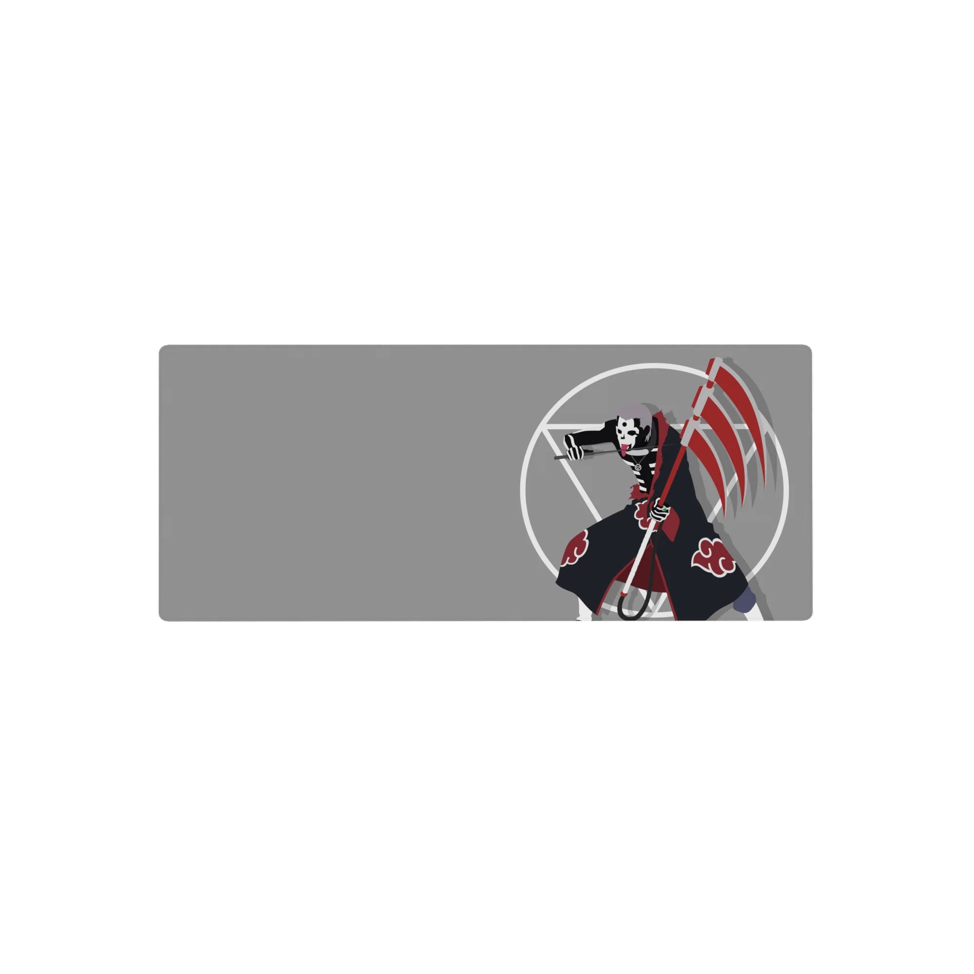 28x12 inches anime mouse pad with Akatsuki-style red clouds, gray backdrop, and bold circle geometry.