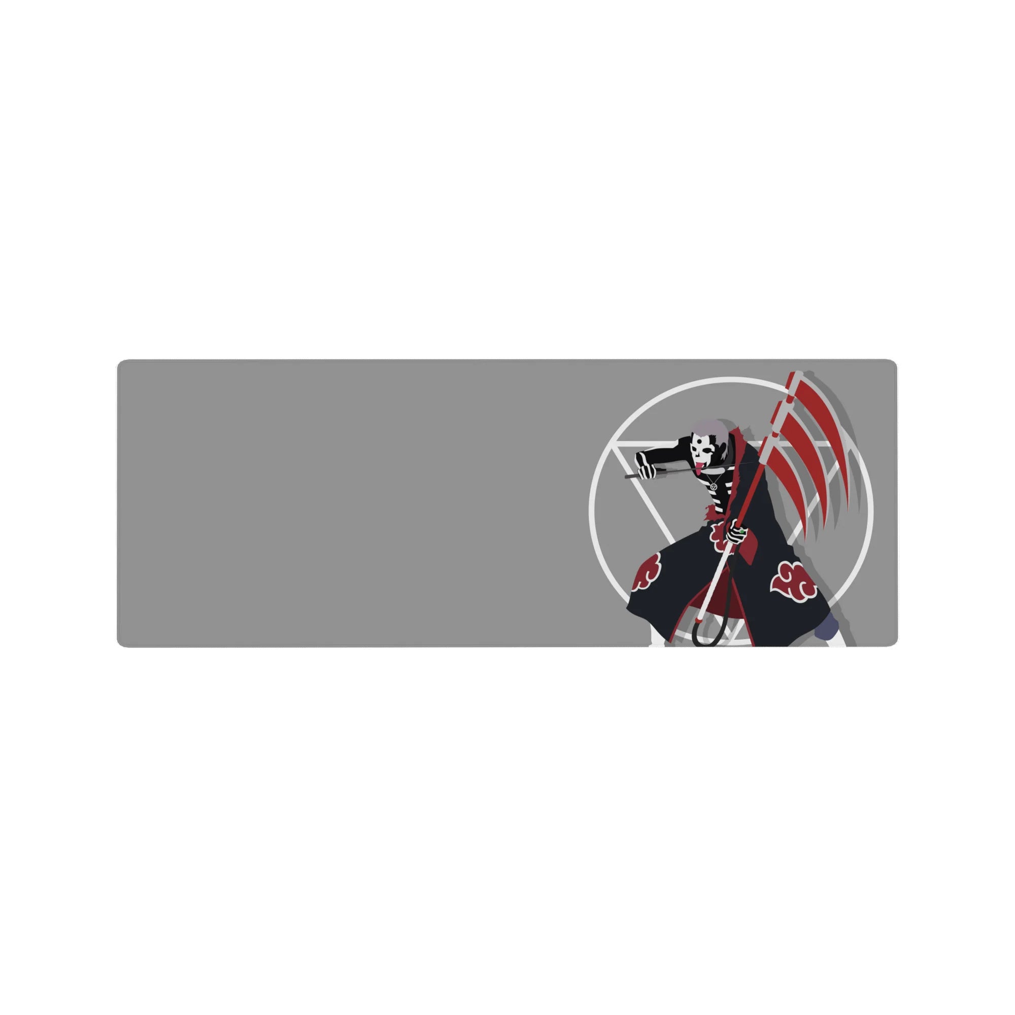 32x12 inches anime mouse pad with Akatsuki red clouds, gray backdrop, white circle geometry, bold scythe.