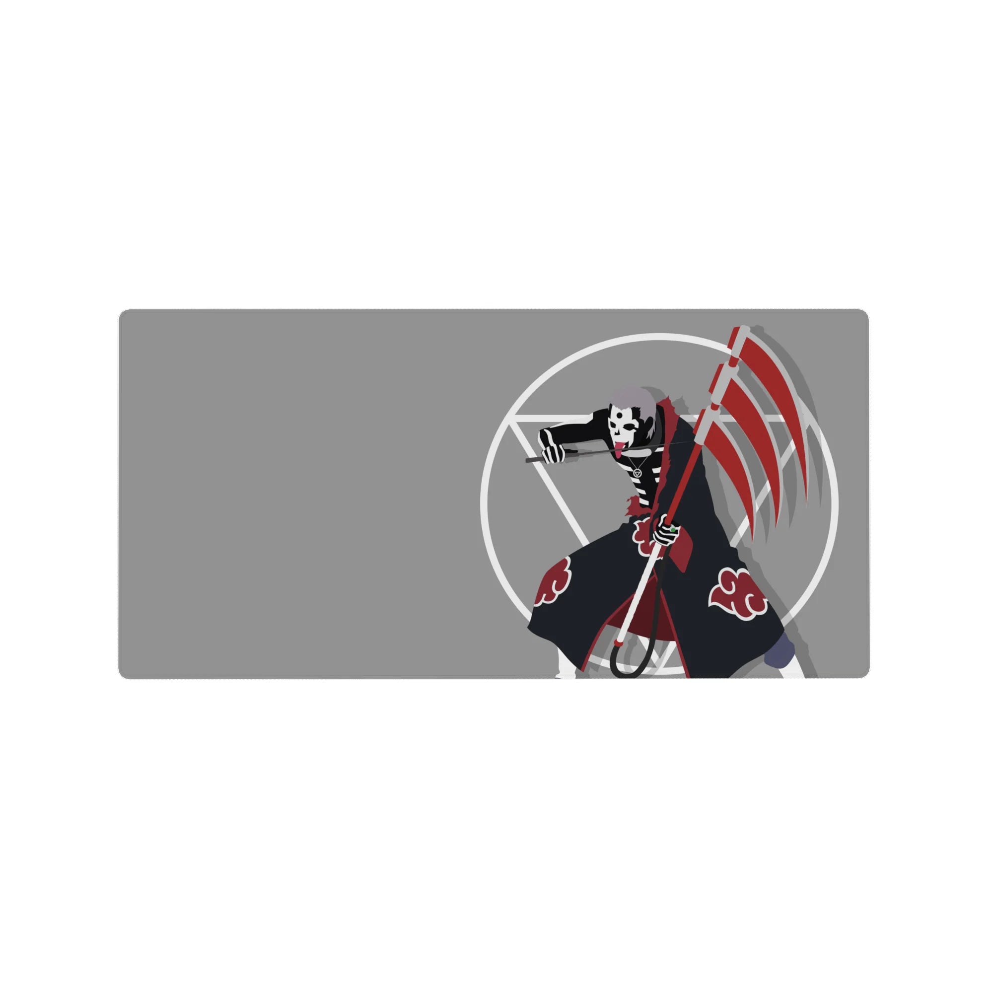 32x16 inches anime mouse pad with Hidan, Akatsuki red clouds, white circle geometry, and sweeping scythe.