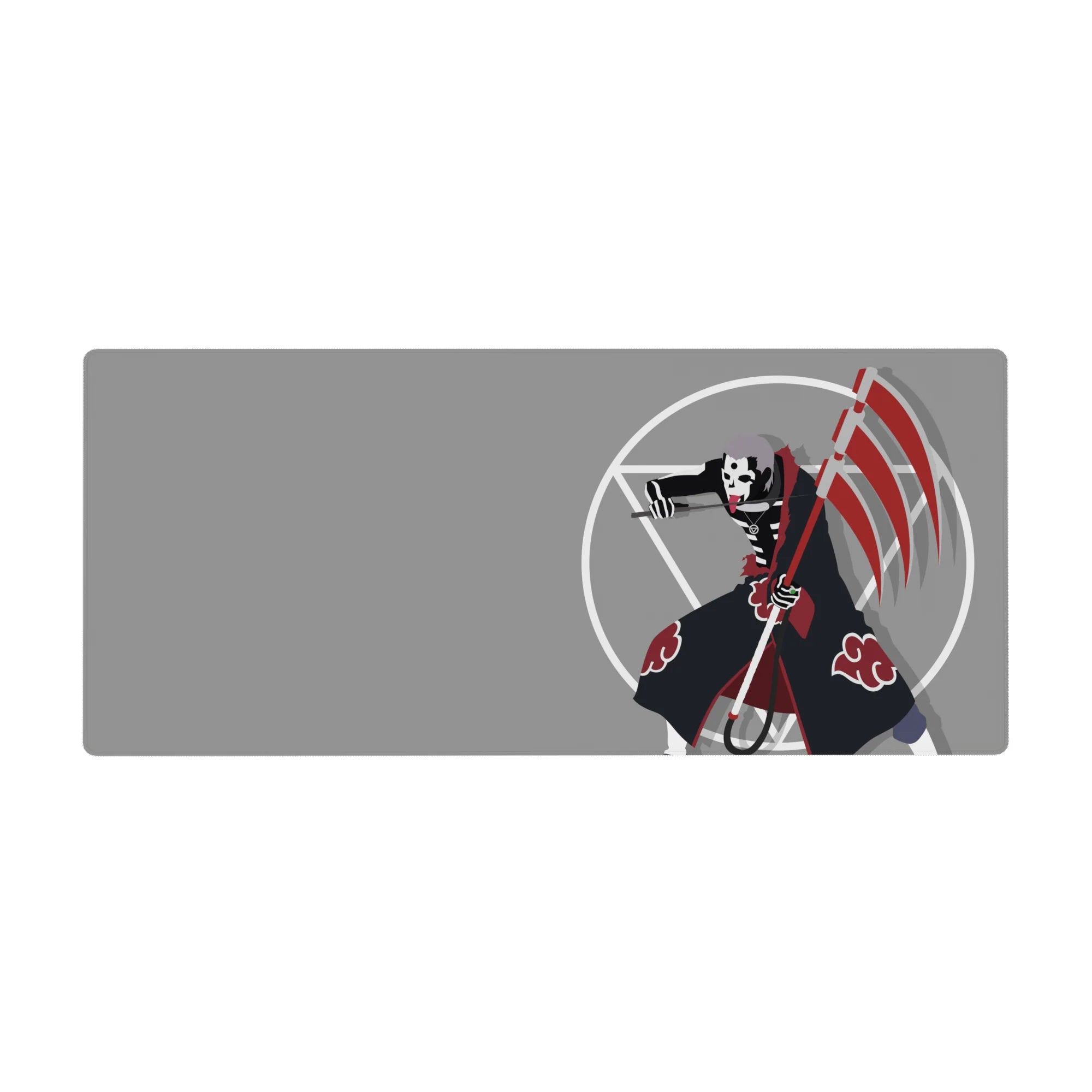 36x16 inches anime desk pad with Hidan-style scythe, Akatsuki red clouds, gray backdrop, white circles.