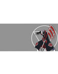 36x16 inches anime desk pad with Hidan-style scythe, Akatsuki red clouds, gray backdrop, white circles.