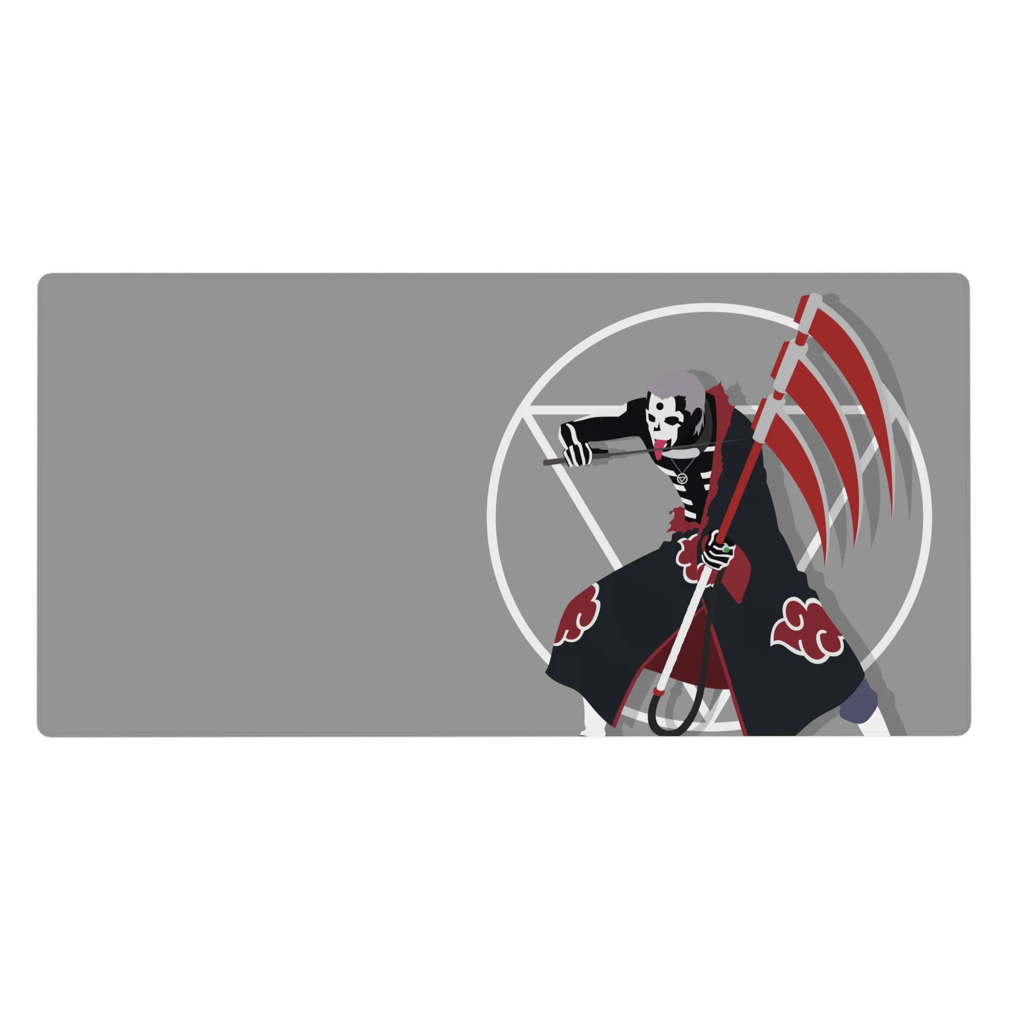 40x20 inches anime desk pad with Hidan, Akatsuki red clouds, white circle geometry, and scythe stripes.