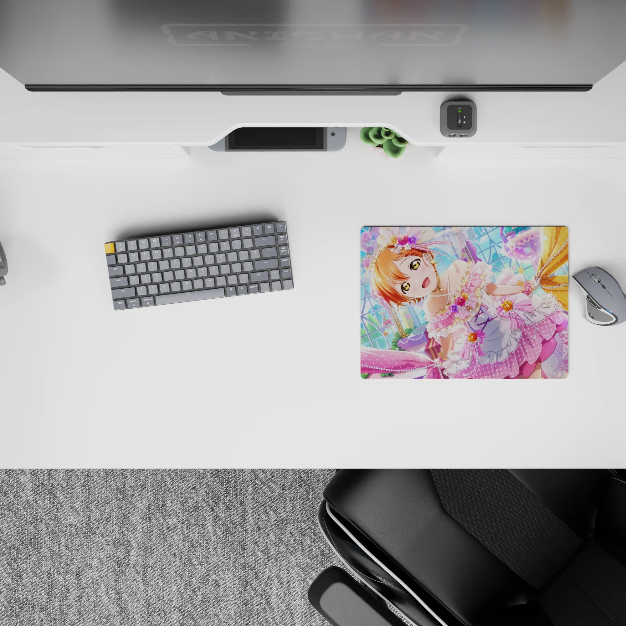 Pastel pink lavender and gold anime girl mouse pad 14x10 inches, cheerful candy-glass vibe for desk setup.