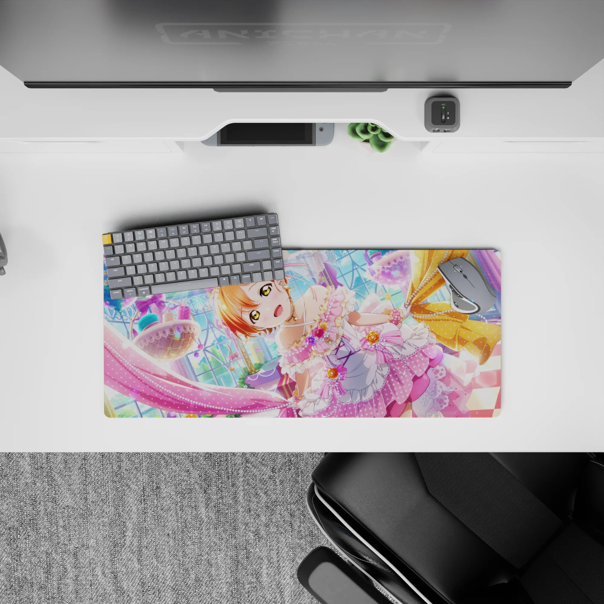 28x12 inches pastel kawaii mouse pad in pink, lavender, and gold with candy-glass sparkle vibes.