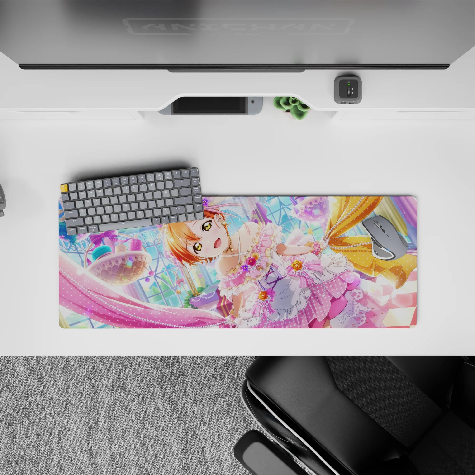 32x12 inches pastel kawaii desk mat in pink, lavender, and gold with sparkly sweets vibe and cute anime style.
