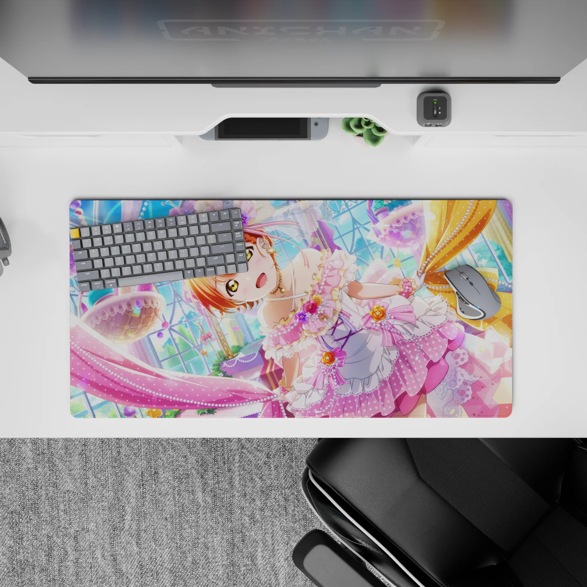Pastel kawaii anime girl mouse pad 32x16 inches in pink, lavender and gold, candy-glass vibes.