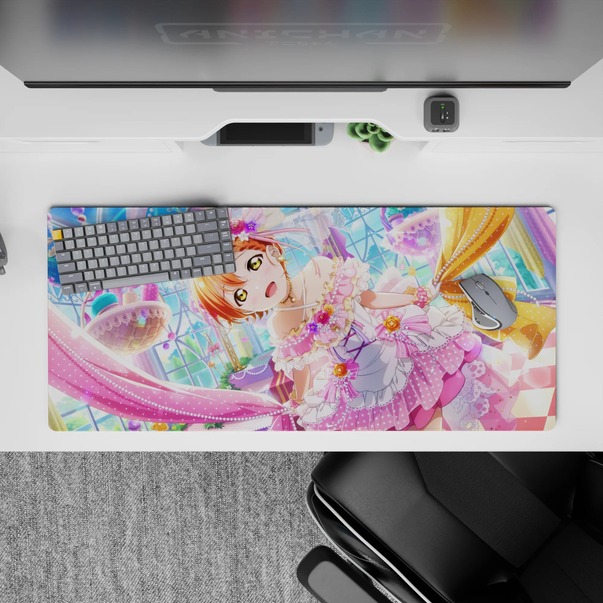 Cute pastel desk pad 36x16 inches in pink, lavender, and gold with sparkly bows and sweet, happy energy.