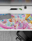 Cute pastel desk pad 36x16 inches in pink, lavender, and gold with sparkly bows and sweet, happy energy.