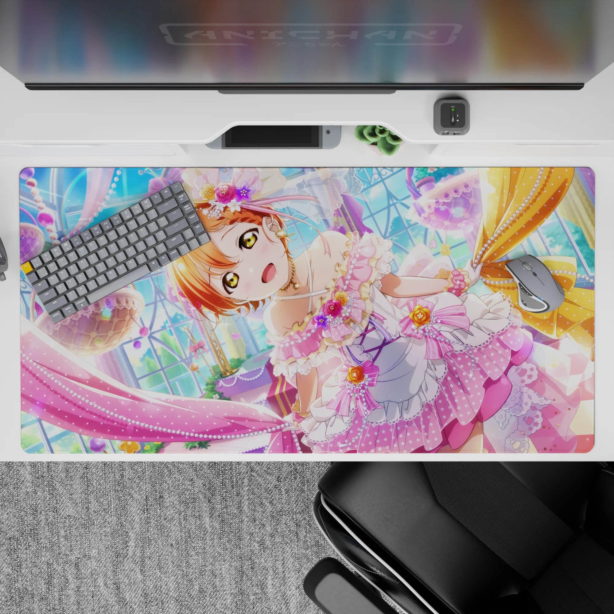 Pastel pink lavender gold anime desk pad 40x20 inches, sparkly sweets vibe for a happy cute setup.