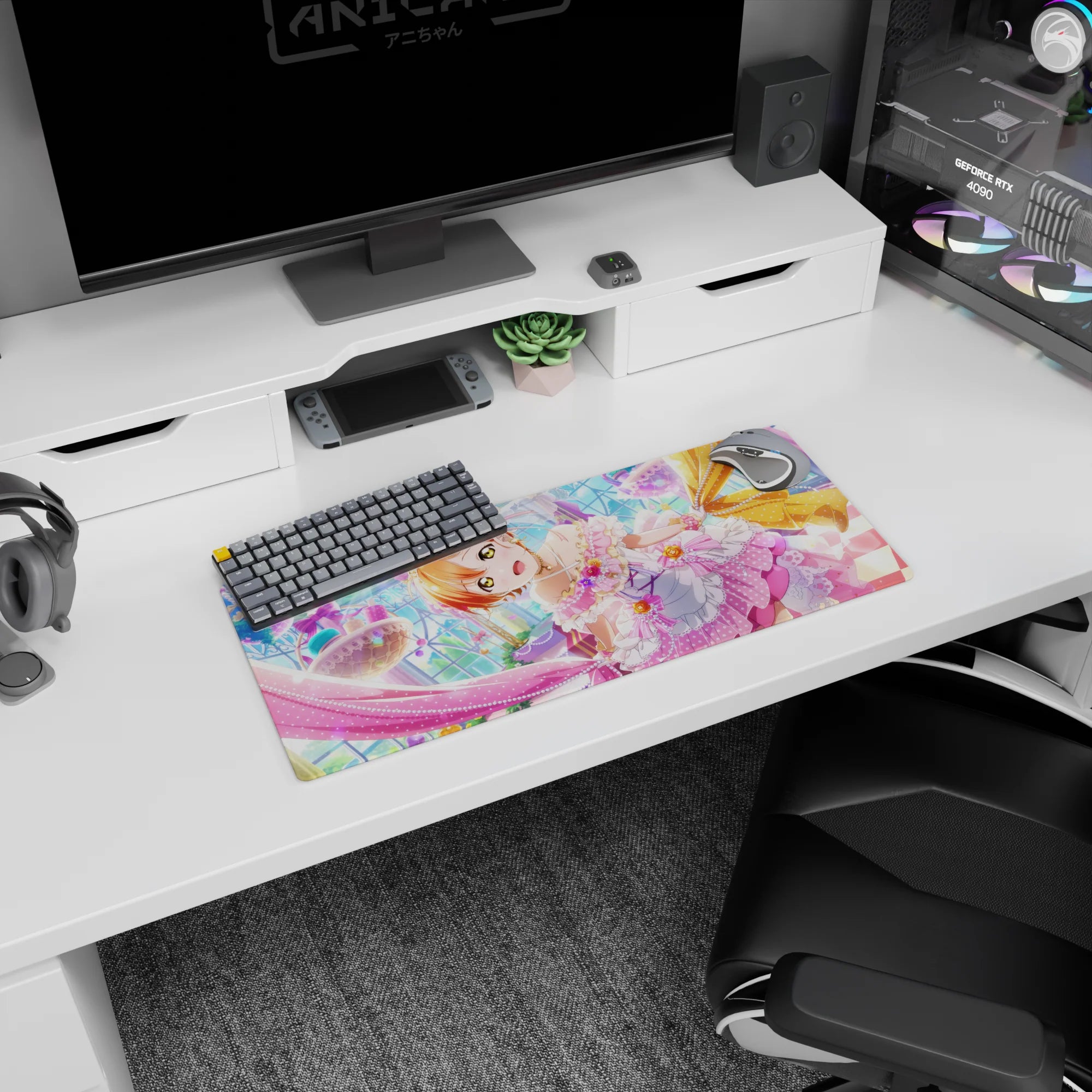 28x12 inches desk mouse pad showing wide-eyed orange-haired idol in a candy-glass ballroom with sweets.