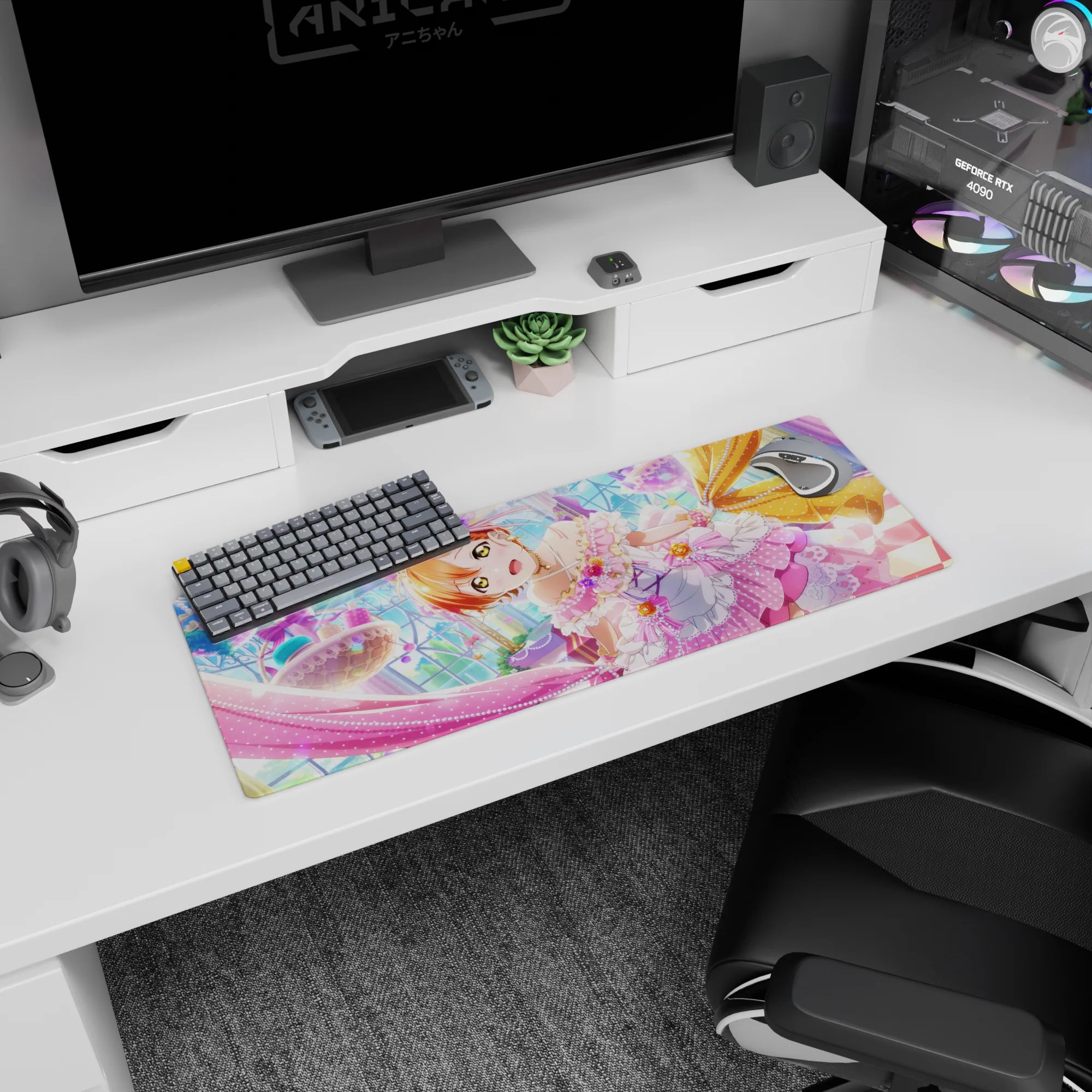 32x12 inches mouse pad showing wide-eyed orange-haired anime idol in a candy-glass ballroom with floating treats.