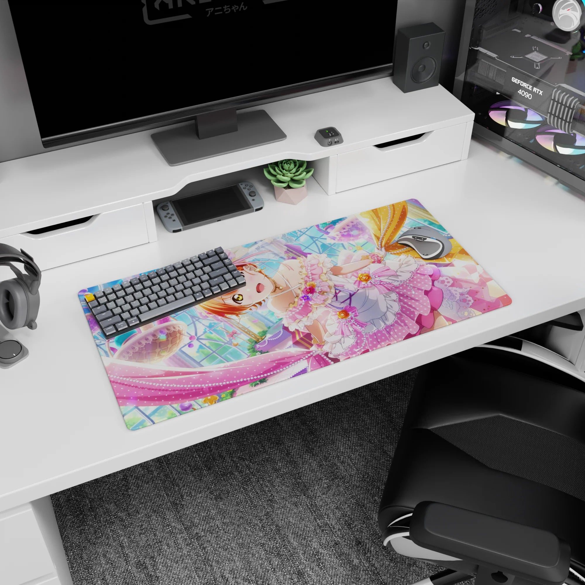 Wide-eyed orange-haired idol in a candy-glass ballroom anime girl mouse pad 32x16 inches.