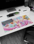 Wide-eyed orange-haired idol in a candy-glass ballroom anime girl mouse pad 32x16 inches.