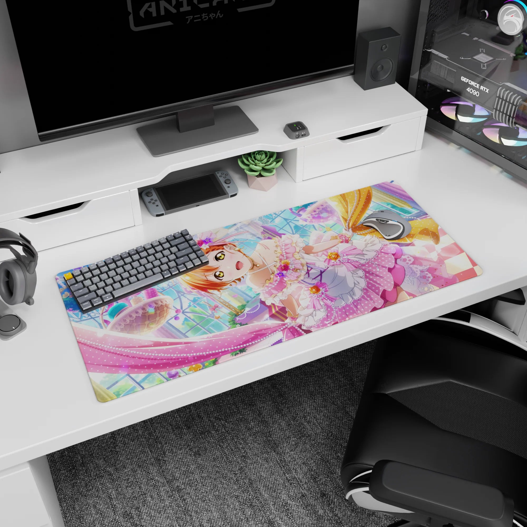 Wide-eyed orange-haired anime idol in a candy-glass ballroom on a 36x16 inches desk pad with floating sweets.
