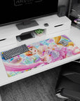 Wide-eyed orange-haired anime idol in a candy-glass ballroom on a 36x16 inches desk pad with floating sweets.