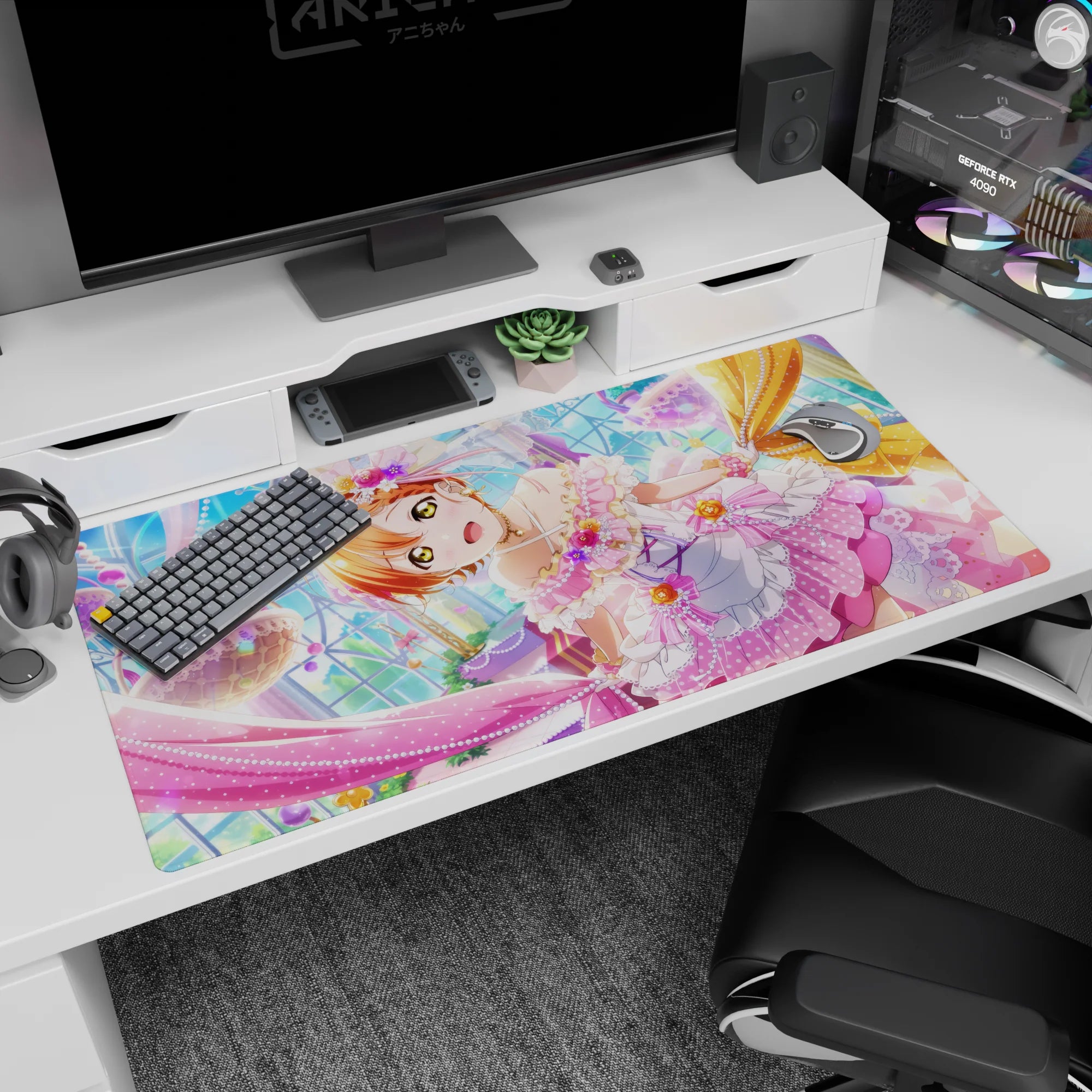 Wide-eyed orange-haired anime idol in a candy-glass ballroom desk pad 40x20 inches with floating sweets.