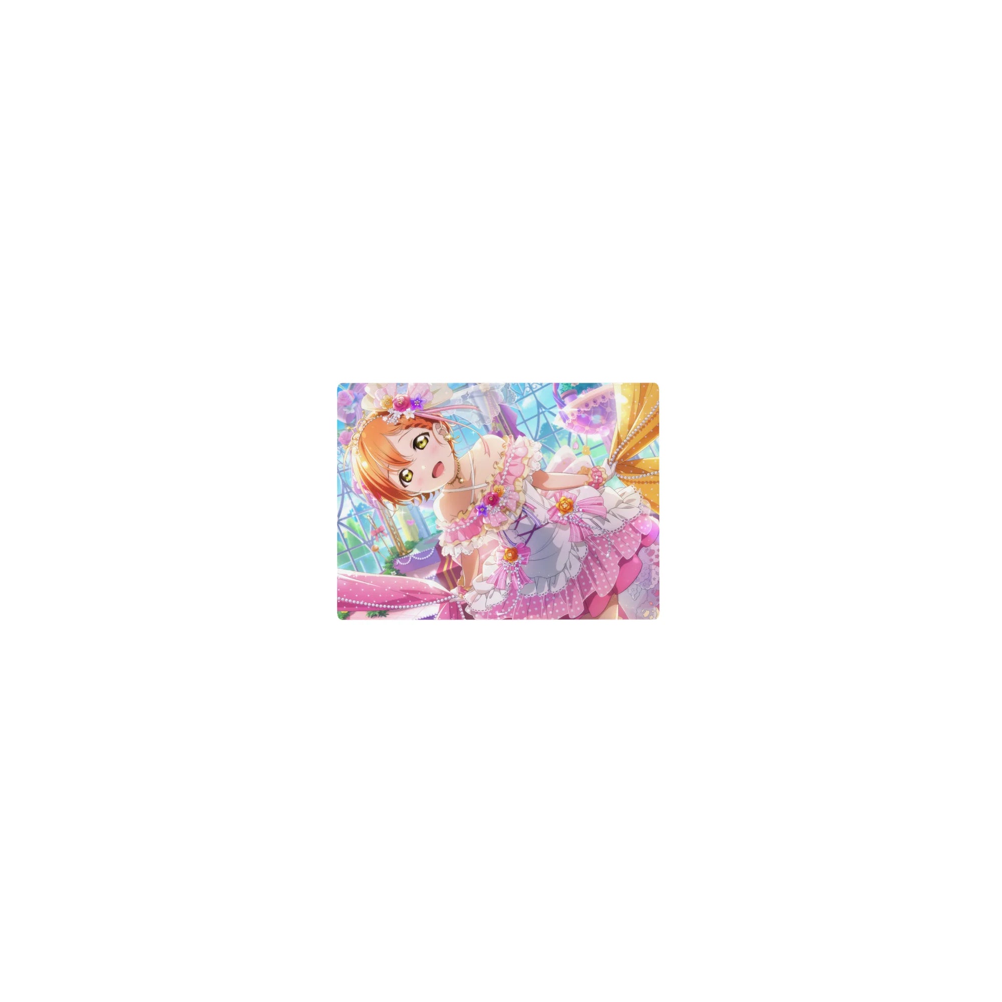 Classic anime girl mouse pad 14x10 inches with pastel idol frills, pearls, ribbons, and sparkly sweets.