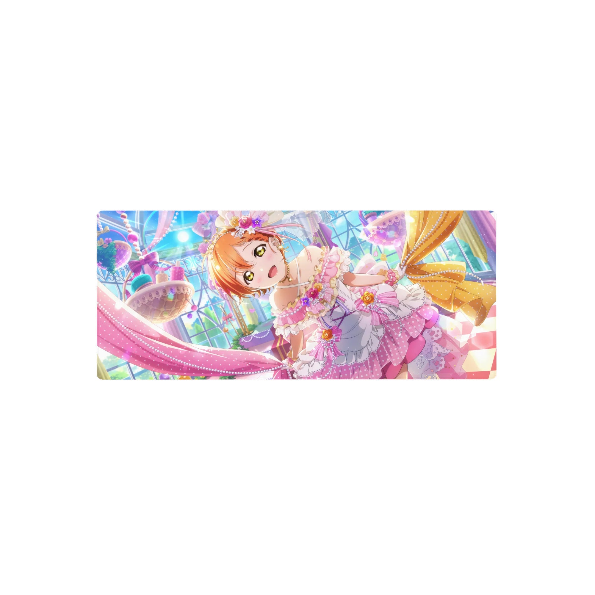 28x12 inches anime girl mouse pad with orange-haired idol in frilly ribbons, pearls, and sparkly bows.