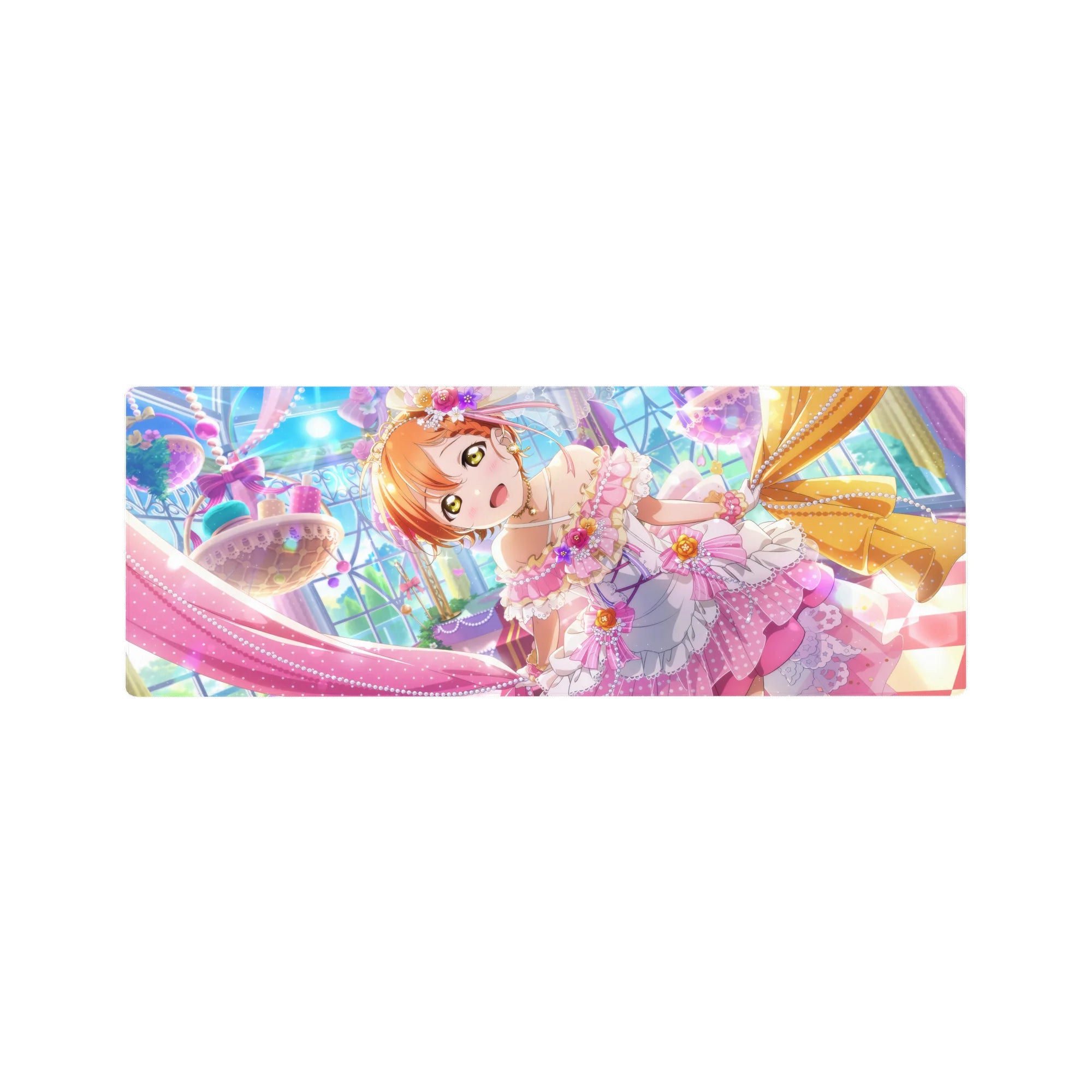 32x12 inches anime girl mouse pad with frilly idol art, pearls, ribbons, bows, and candy ballroom scene.