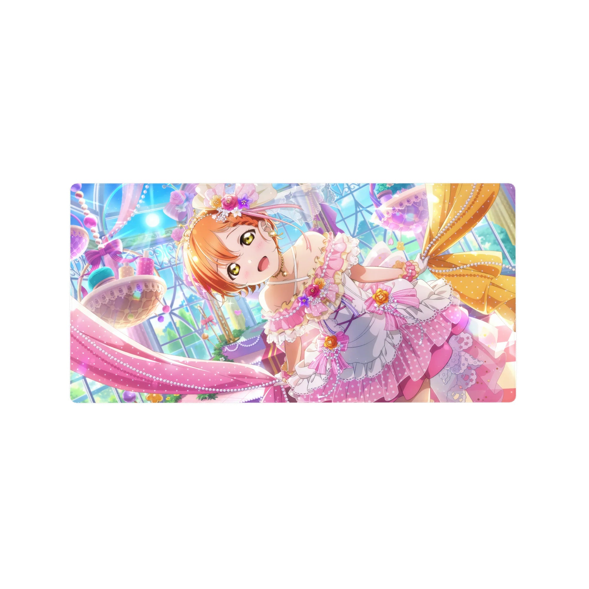 Anime girl mouse pad 32x16 inches with frilly idol art, pearls, ribbons, sparkly bows and sweets.