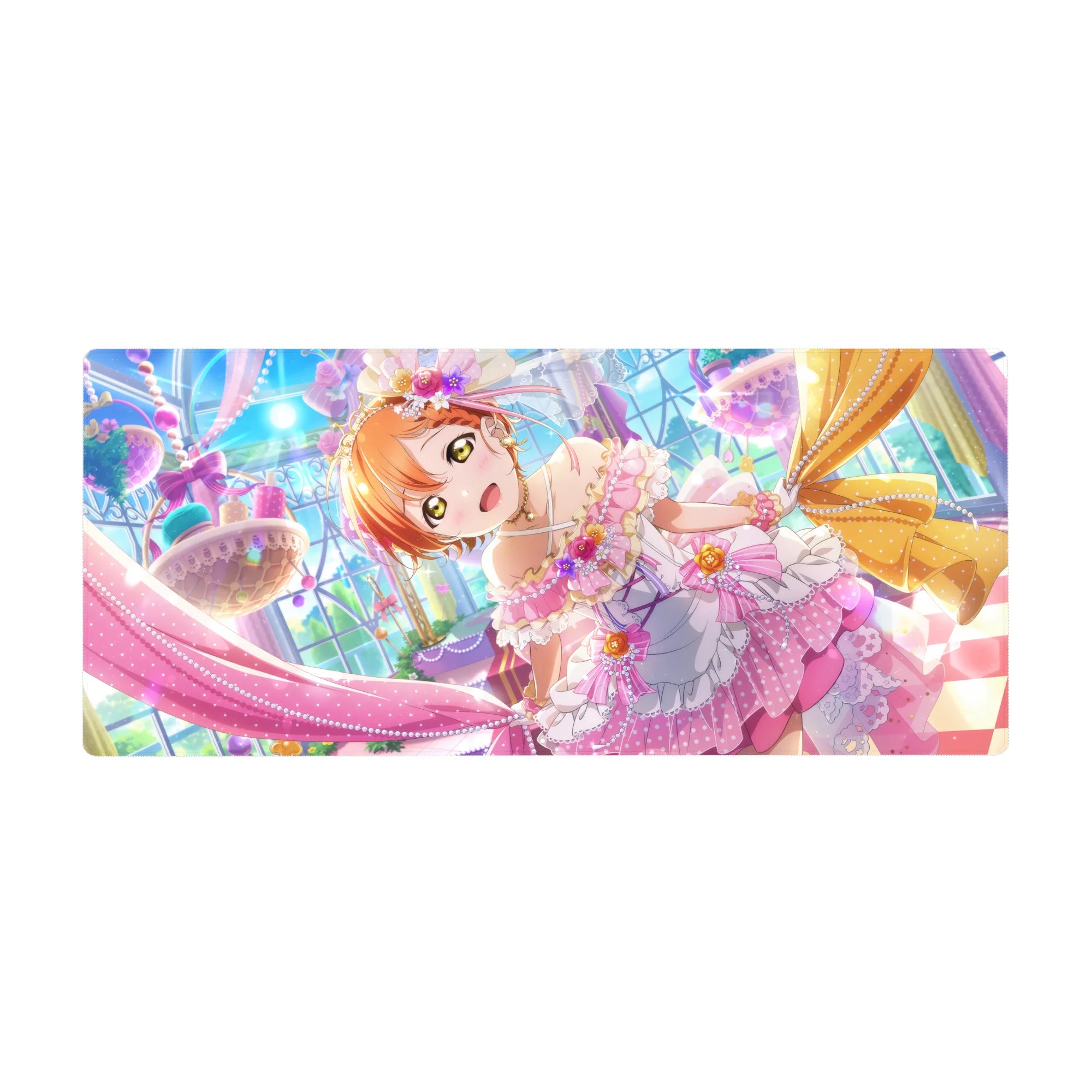 Anime girl desk pad 36x16 inches with pastel idol art, frills, pearls, ribbons, and candy ballroom vibe.