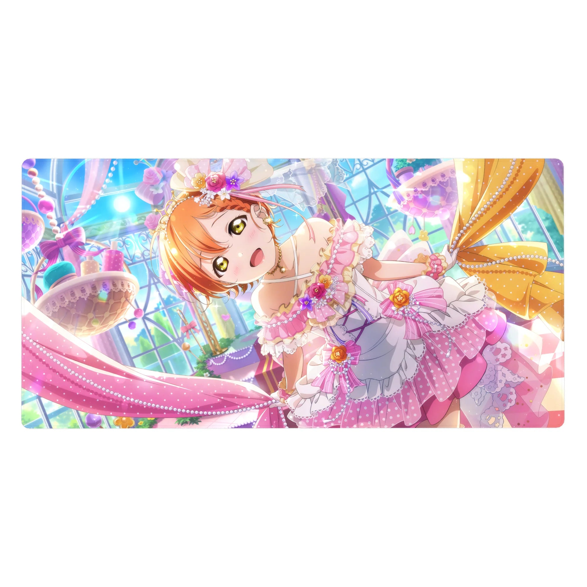 Anime girl desk pad 40x20 inches with frilly idol art, pearls, ribbons, bows, and candy ballroom details.