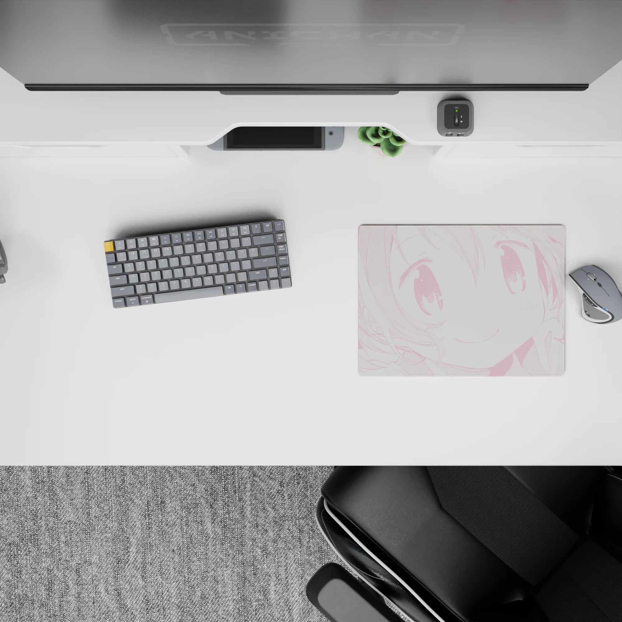 Pastel pink monochrome anime girl mouse pad 14x10 inches, cute bubbly vibe with blush dots and sparkle eyes.