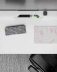 Pastel pink monochrome anime girl mouse pad 14x10 inches, cute bubbly vibe with blush dots and sparkle eyes.