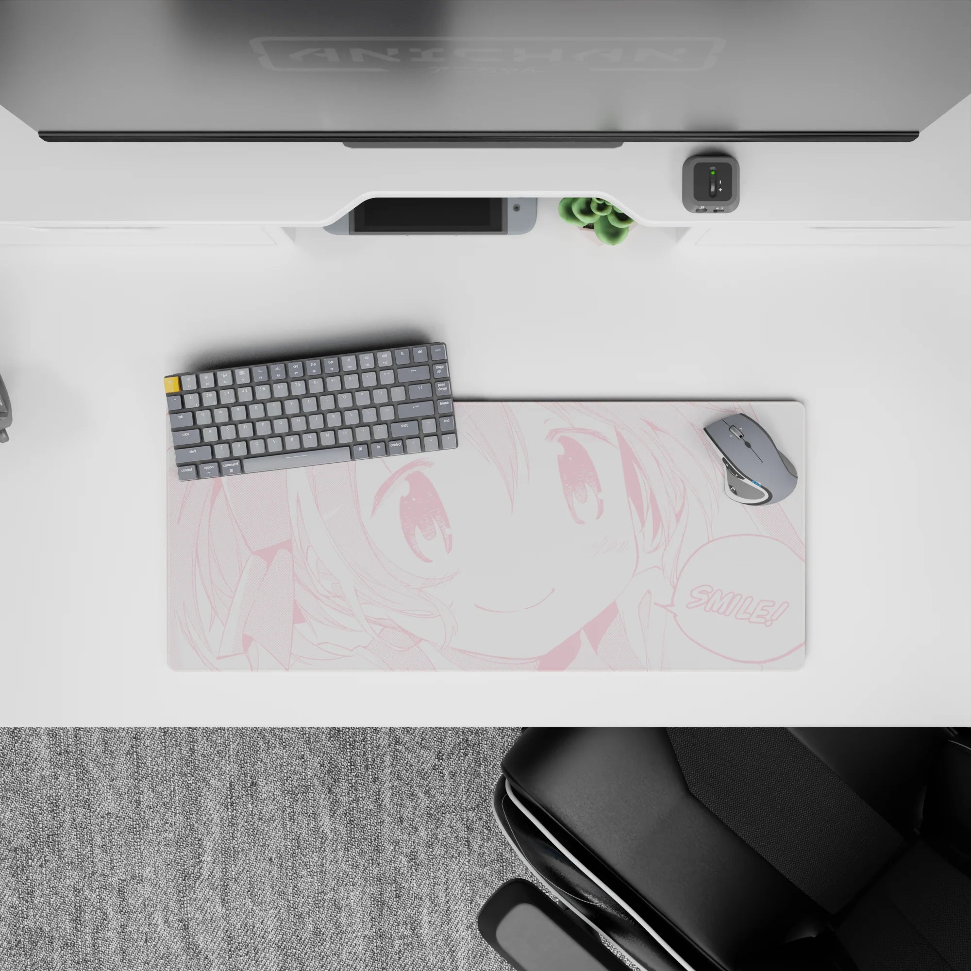 Pastel monochrome pink kawaii anime desk mat mouse pad, cheerful vibe, 28x12 inches.