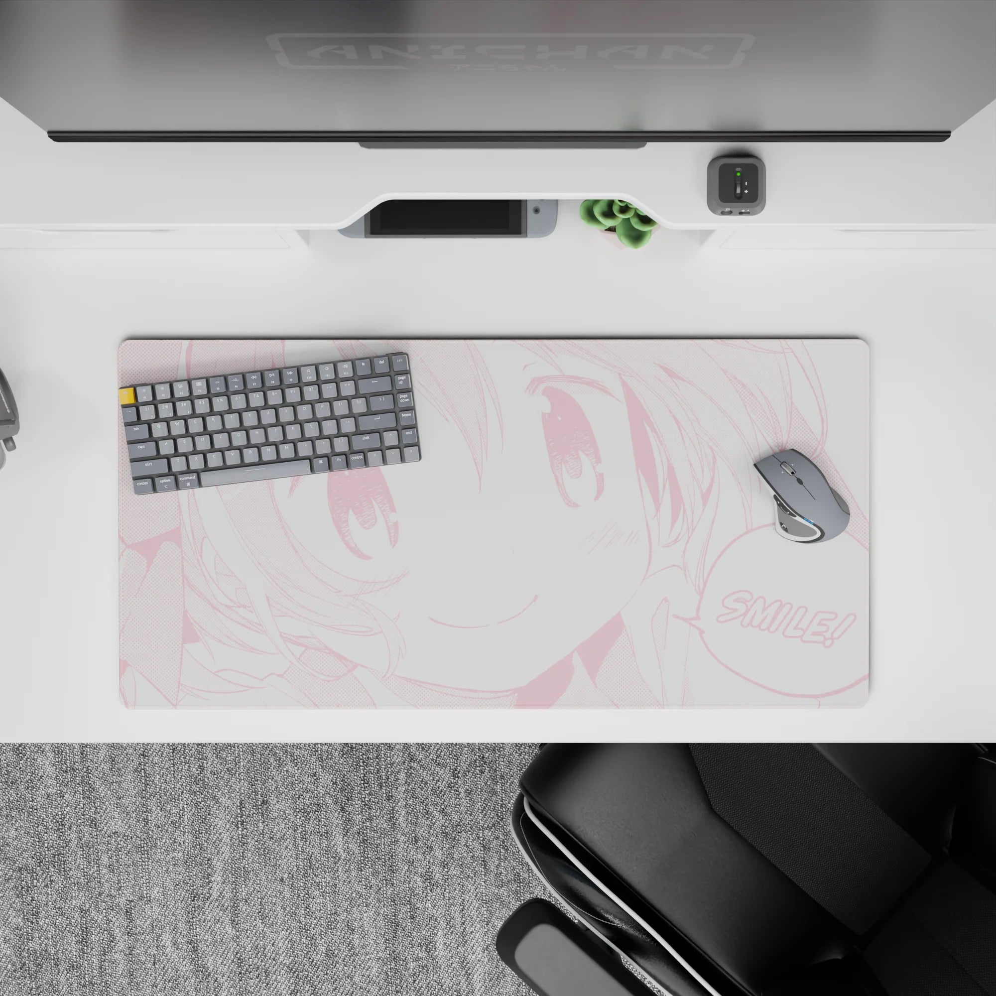 Pastel pink monochrome kawaii anime mouse pad with bubbly cheerful vibe, 32x16 inches.