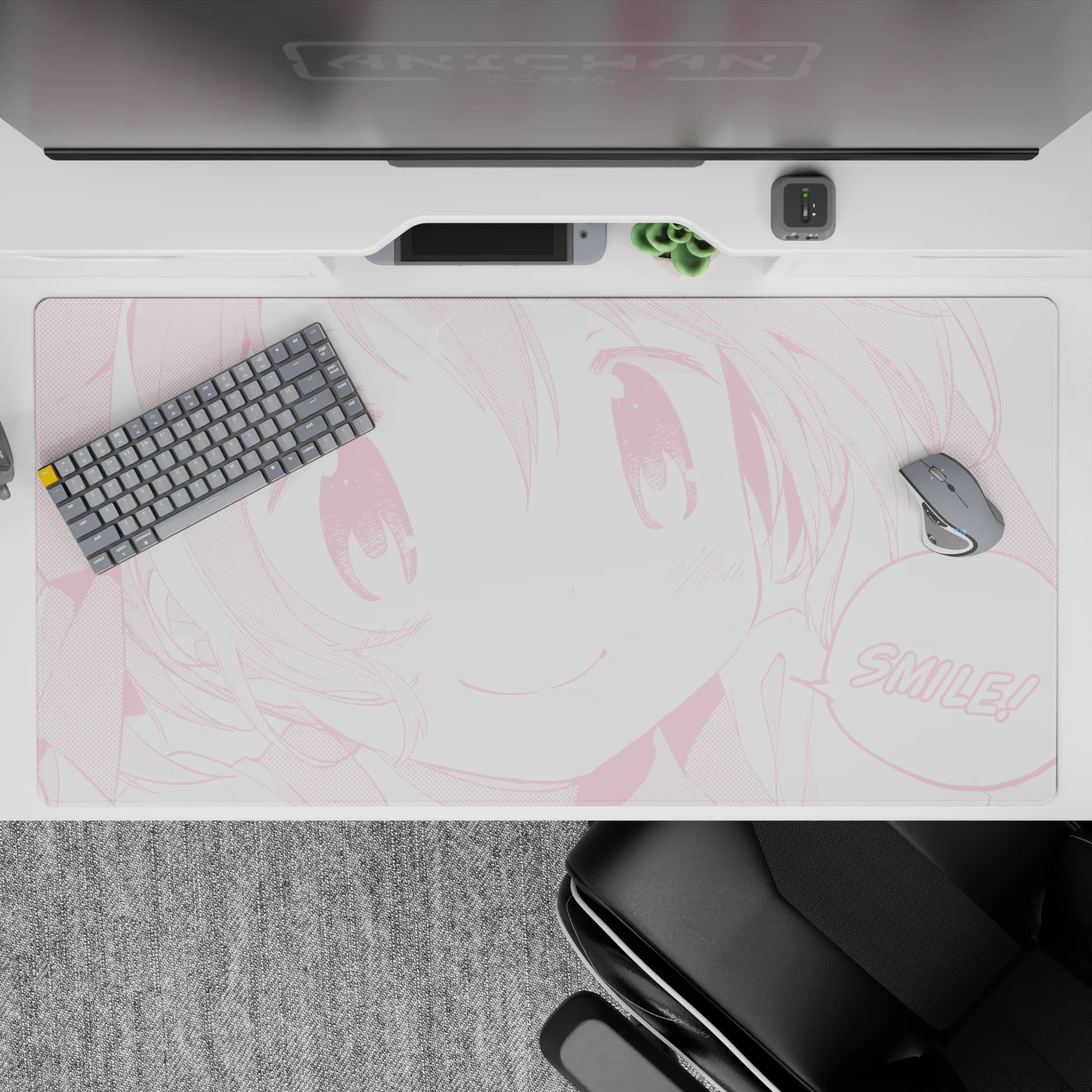 40x20 inches pastel pink monochrome anime desk pad, cheerful kawaii vibe with blush dots and clean pattern.