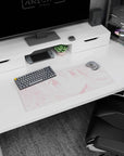 Close-up cute anime girl face with big sparkling eyes and blush dots mouse pad, 28x12 inches.
